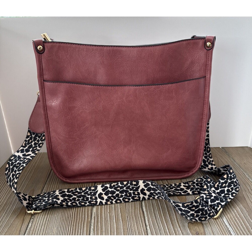 Women’s Burgandy Wine Faux Crossbody Messenger Bag Purse Leopard Print Strap
